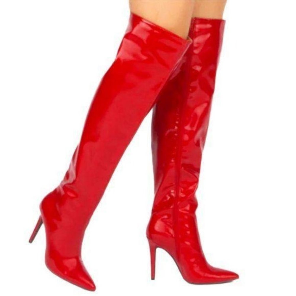 Red Patent Leatherette Knee Hi Boots - Picture 2 of 6